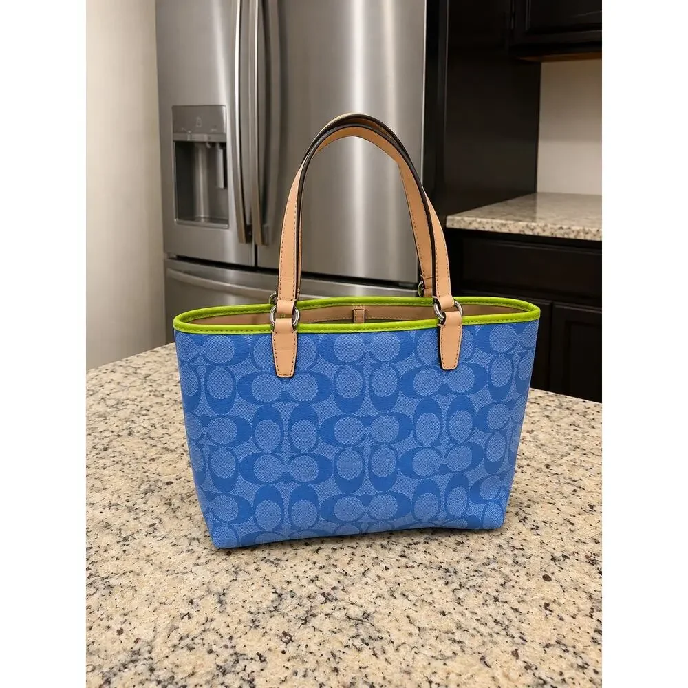 Coach Signature C Momogram Stripe Mini Tote Blue Green Canvas Authenticated